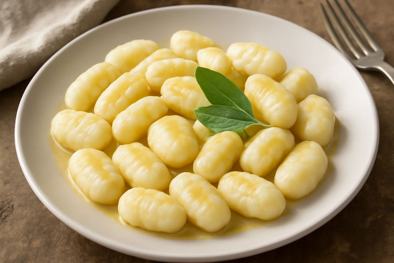 Gnocchi di patate appena cotti, bianchi e dorati, conditi con burro e salvia, serviti in un piatto bianco con un filo d'olio d'oliva e prezzemolo fresco