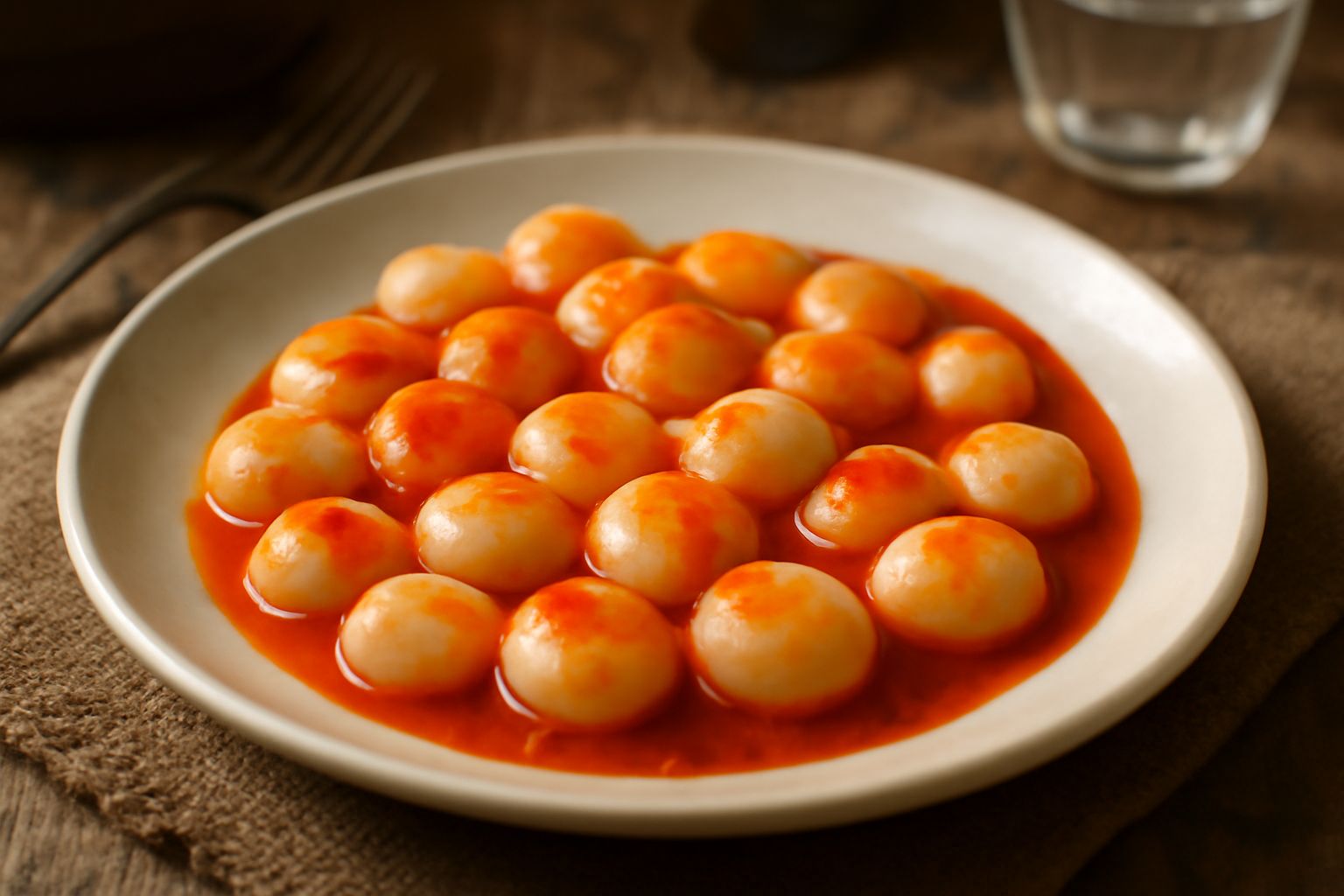 Piatto di gnocchi bianchi e lisci, ancora caldi, conditi con sugo di pomodoro fresco e basil verde, serviti in un piatto bianco su sfondo di legno scuro