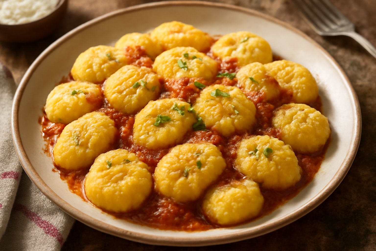 Piatto con gnocchi di farina di mais gialli e morbidi, conditi con sugo di pomodoro rosso intenso e una manciata di parmigiano grattugiato bianco, con un rametto di basilico fresco sul bordo