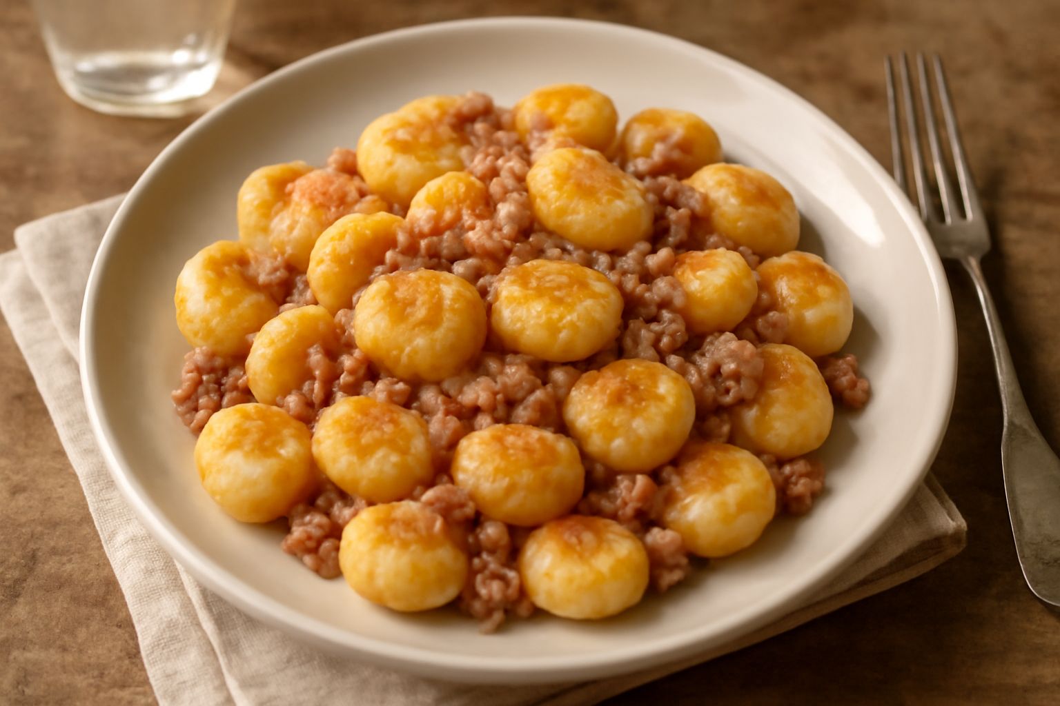 Gnocchi di maiale appena cotti in un piatto bianco con burro fuso e salvia fresca, doratura leggera in superficie, contorno di verdure grigie sfumate