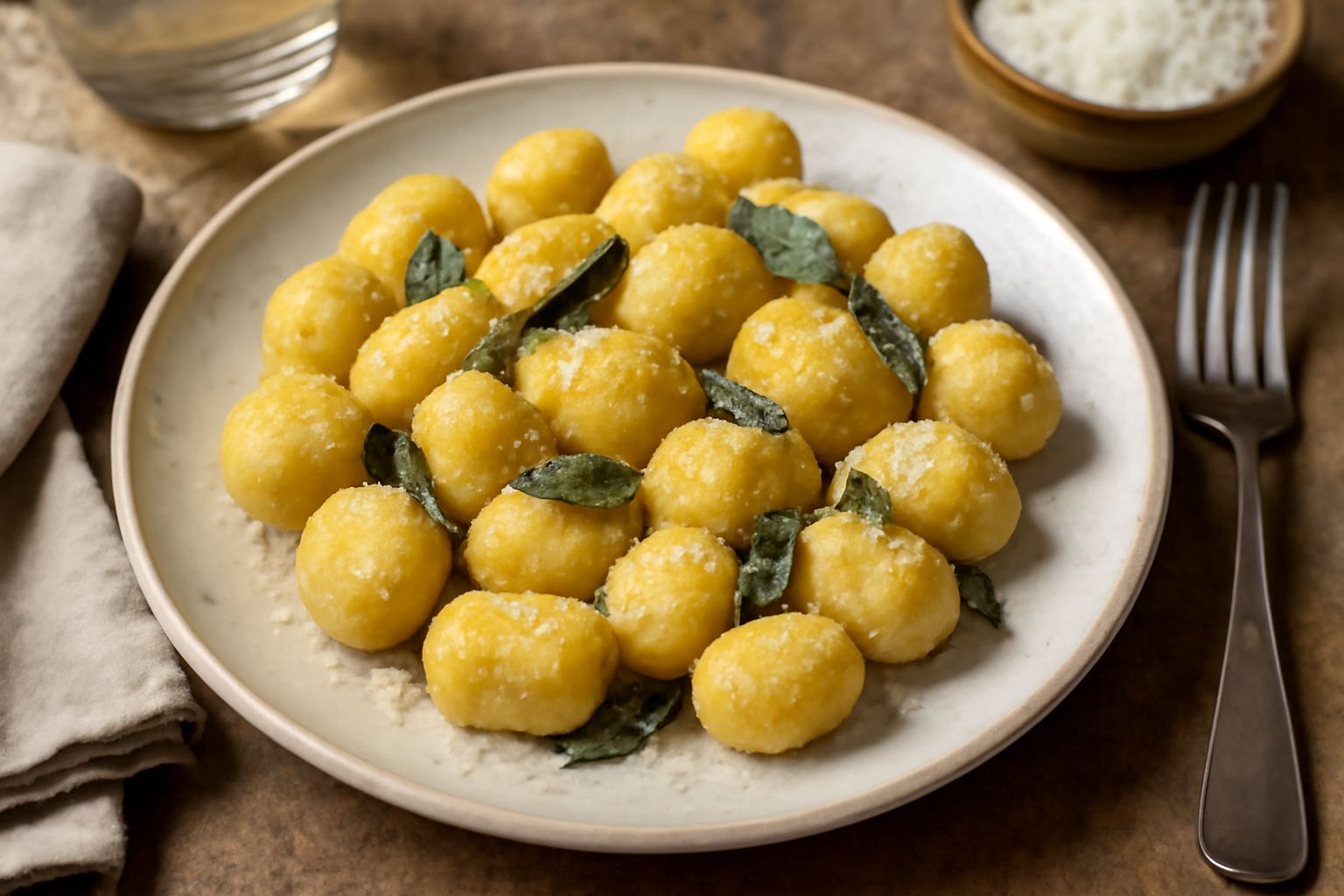 Piatto di gnocchi di pane dorati e soffici con salsa di burro e salvia, cosparsi di parmigiano grattugiato, in un piatto bianco fondo su tavolo di legno