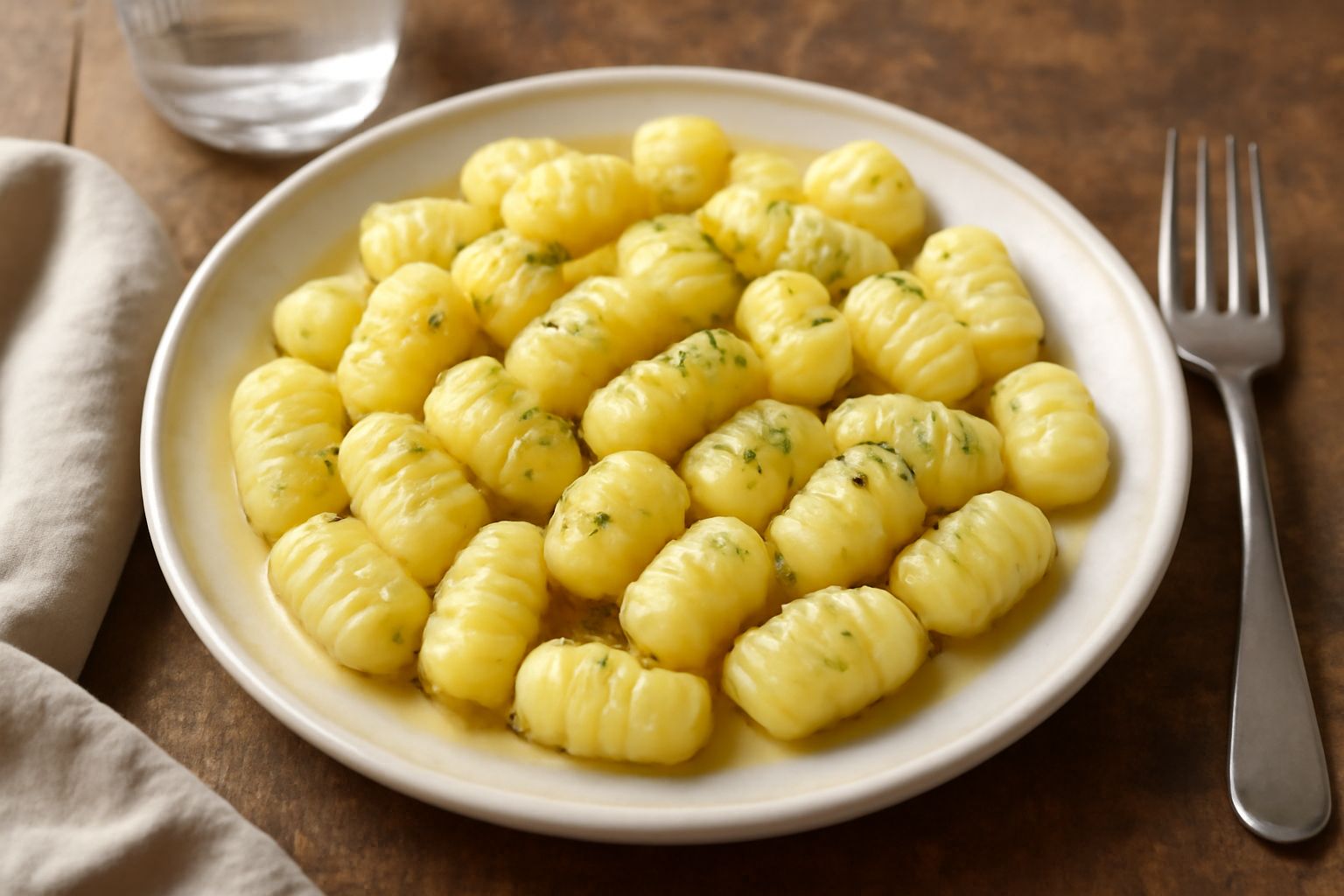 Piatto bianco con gnocchi di patata conditi con burro e salvia, gnocchi di forma ovale tondeggiante e colore giallo pallido, cosparsi di parmigiano reggiano grattugiato