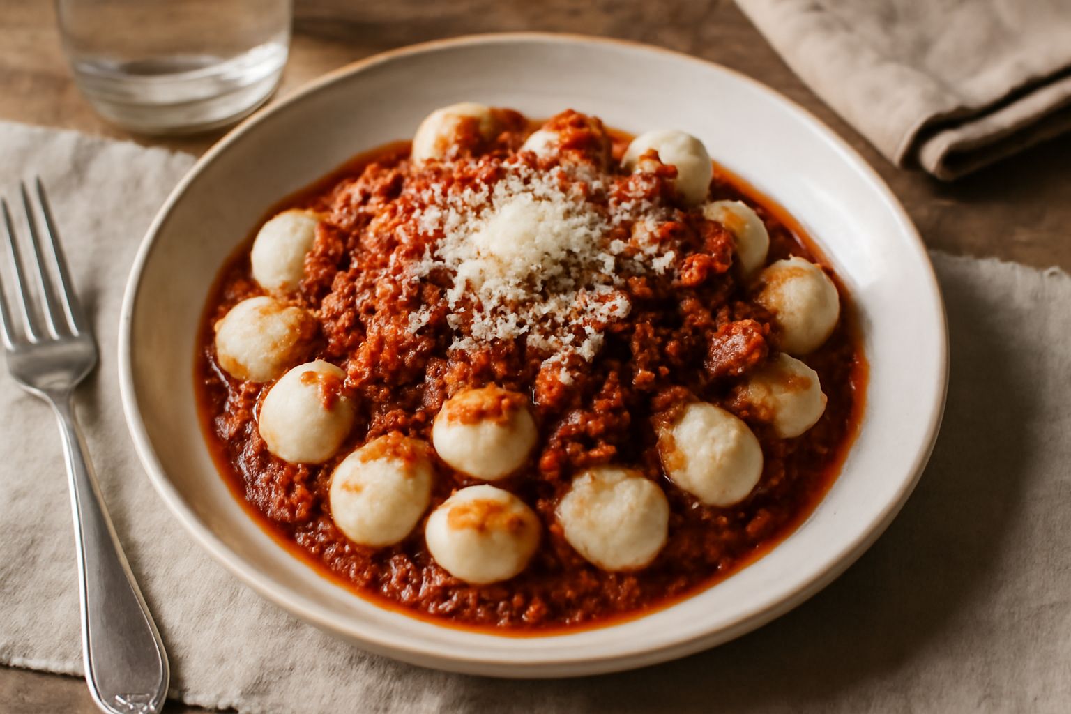 Gnocchi di patata bianchi e morbidi conditi con ragù rosso scuro, serviti in piatto bianco con grattugia di parmigiano giallo e foglia di basilico fresco