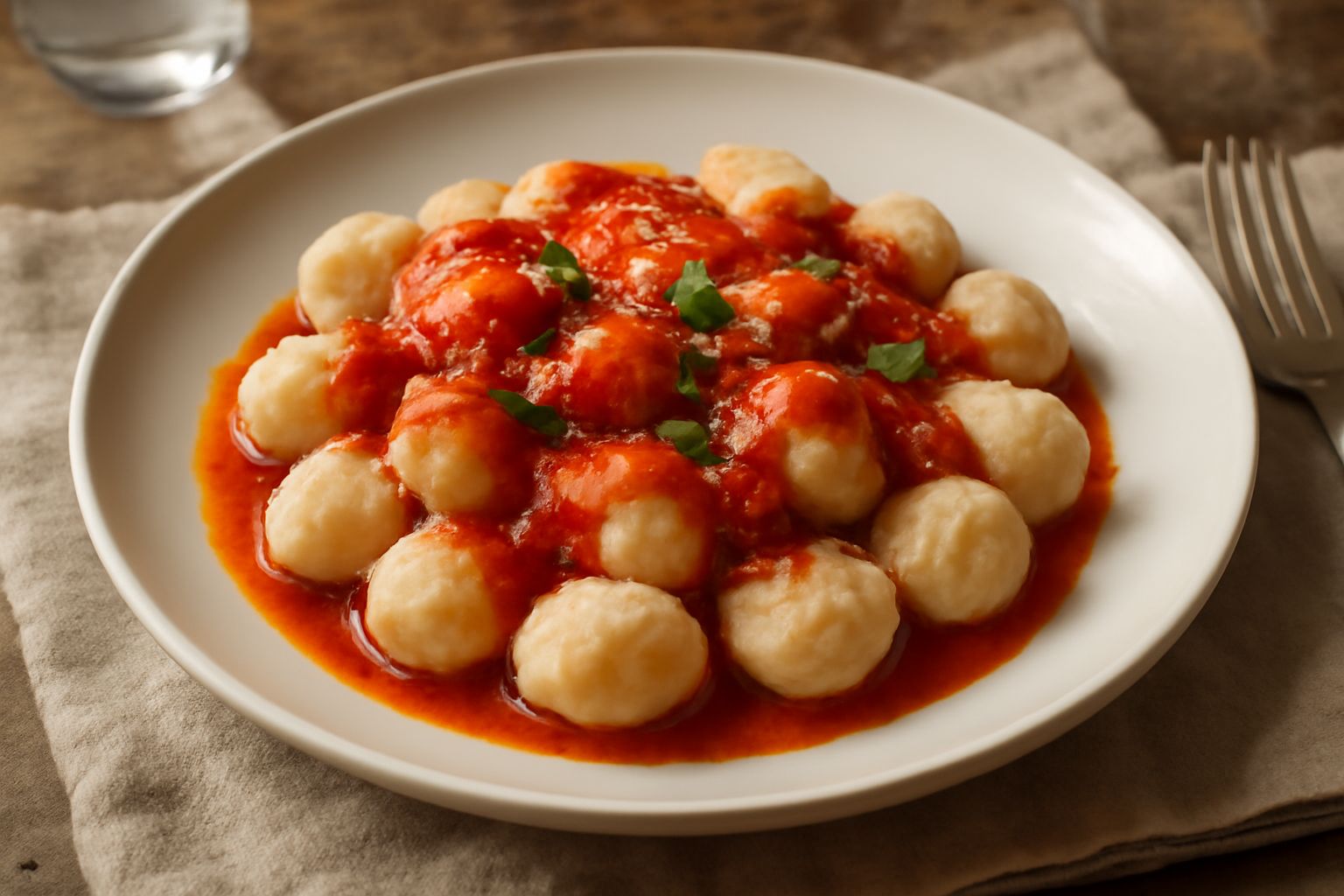 Piatto di gnocchi di patata e ricotta appena cotti, di colore beige chiaro con leggere righe dorate, conditi con salsa di pomodoro fresco e basilico verde, serviti in un piatto bianco fondo con un cuc