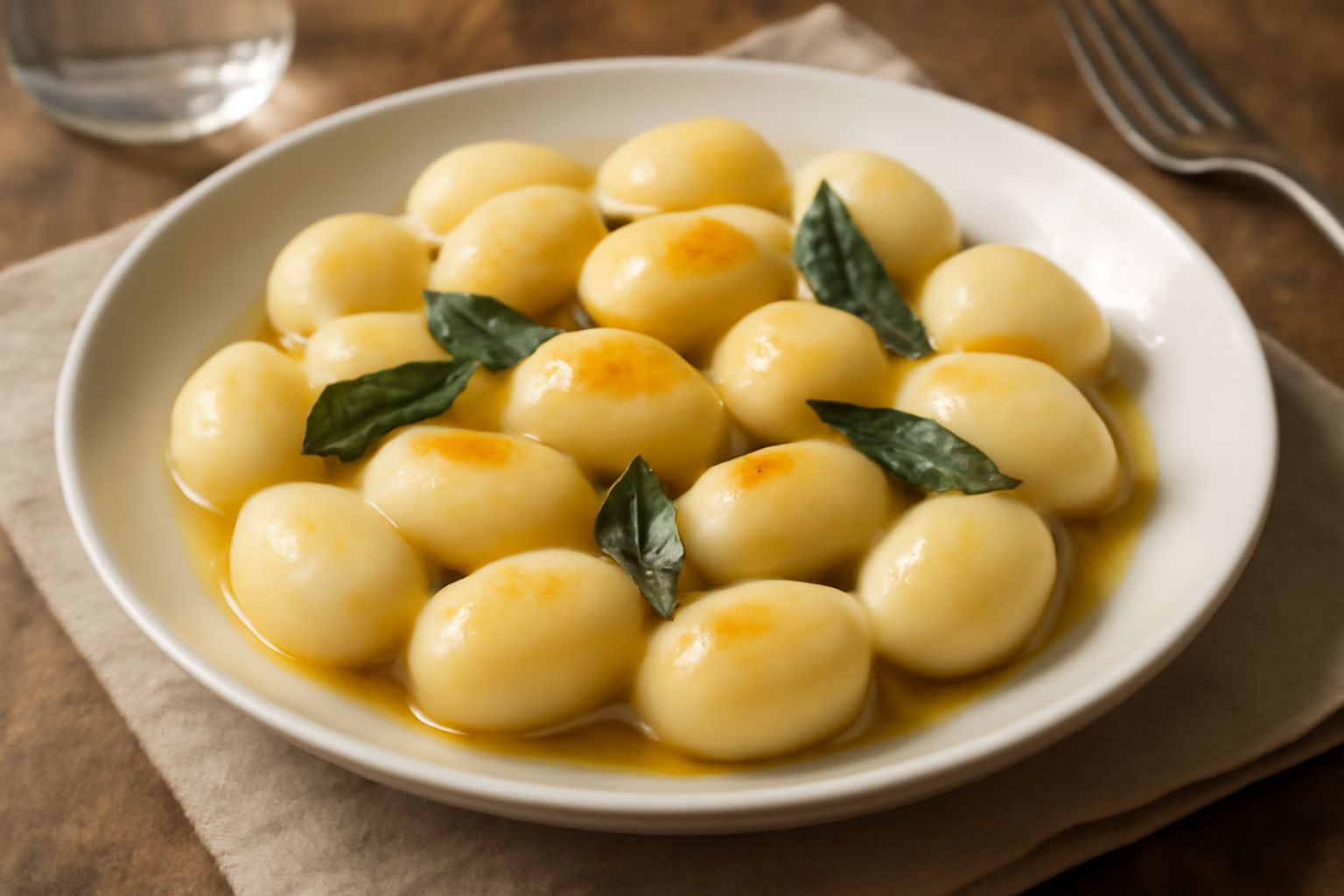 Piatto di gnocchi di patate tondi e dorati disposti su sfondo bianco, con leggerissima traccia di burro fuso e salvia fresca, patate crude accanto