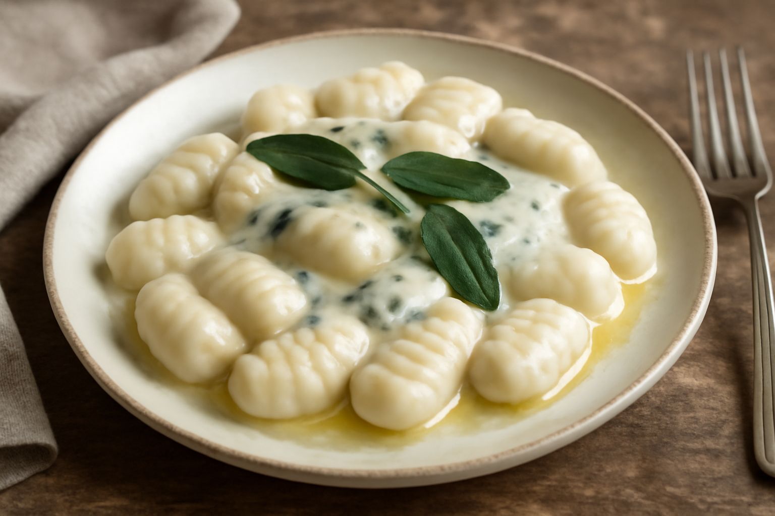Gnocchi di patate al Castelmagno serviti in un piatto bianco, ricoperti di salsa di formaggio azzurro cremosa, con qualche goccia di burro fuso, due foglie di salvia fresca sul bordo, fondo di legno n