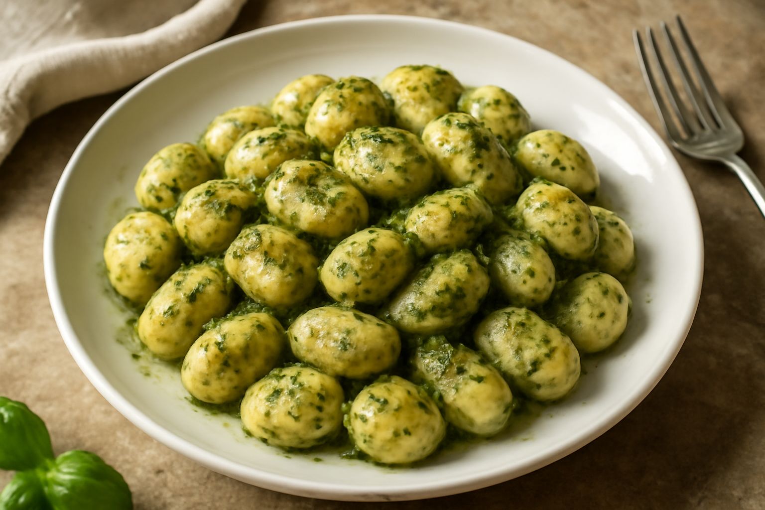 Un piatto di gnocchi di patate tondi e leggermente perlati, conditi con pesto verde basilico, scamorza bianca grattuggiata, decorati con una fogliolina di basilico fresco e un filo di olio extravergin