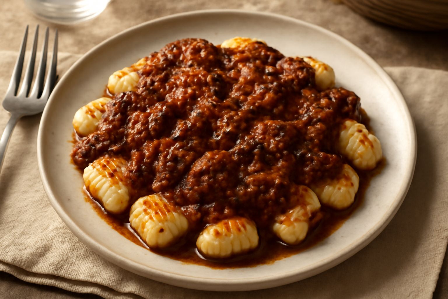 Piatto bianco fondo con gnocchi di patate tondeggianti ricoperti di ragù rosso-marrone, formaggio grattugiato bianco e prezzemolo fresco verde, cucchiaio in acciaio a lato