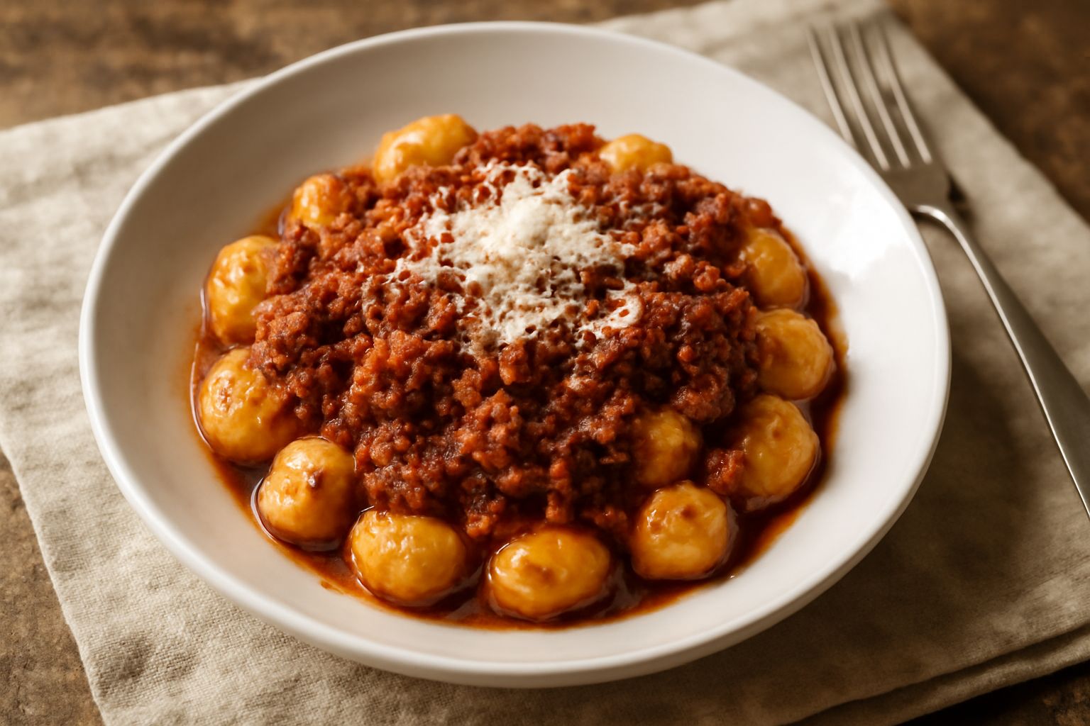 Un piatto bianco con gnocchi di patate tondeggianti ricoperti da ragù marrone-rosso, guarniti con parmigiano grattugiato e basilico fresco, con un cucchiaio di legno accanto