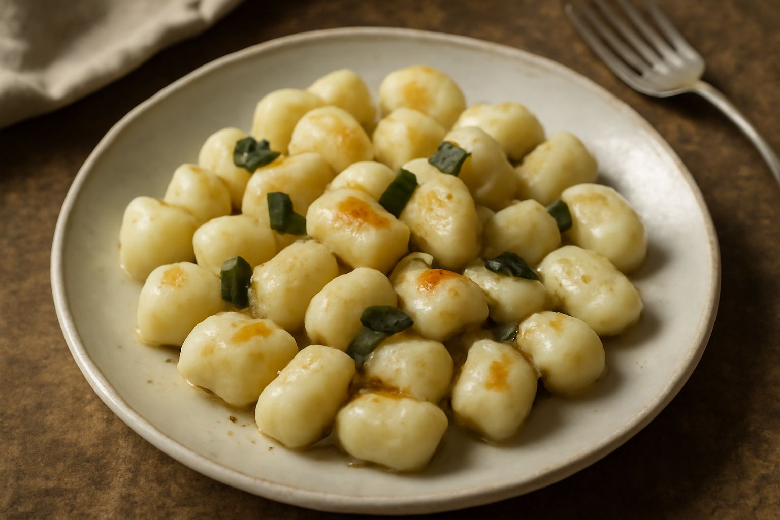 Gnocchi di patate dorati in piatto bianco, conditi con ragù e formaggio grattugiato, contorno di salsa rosso scuro e erba fresca