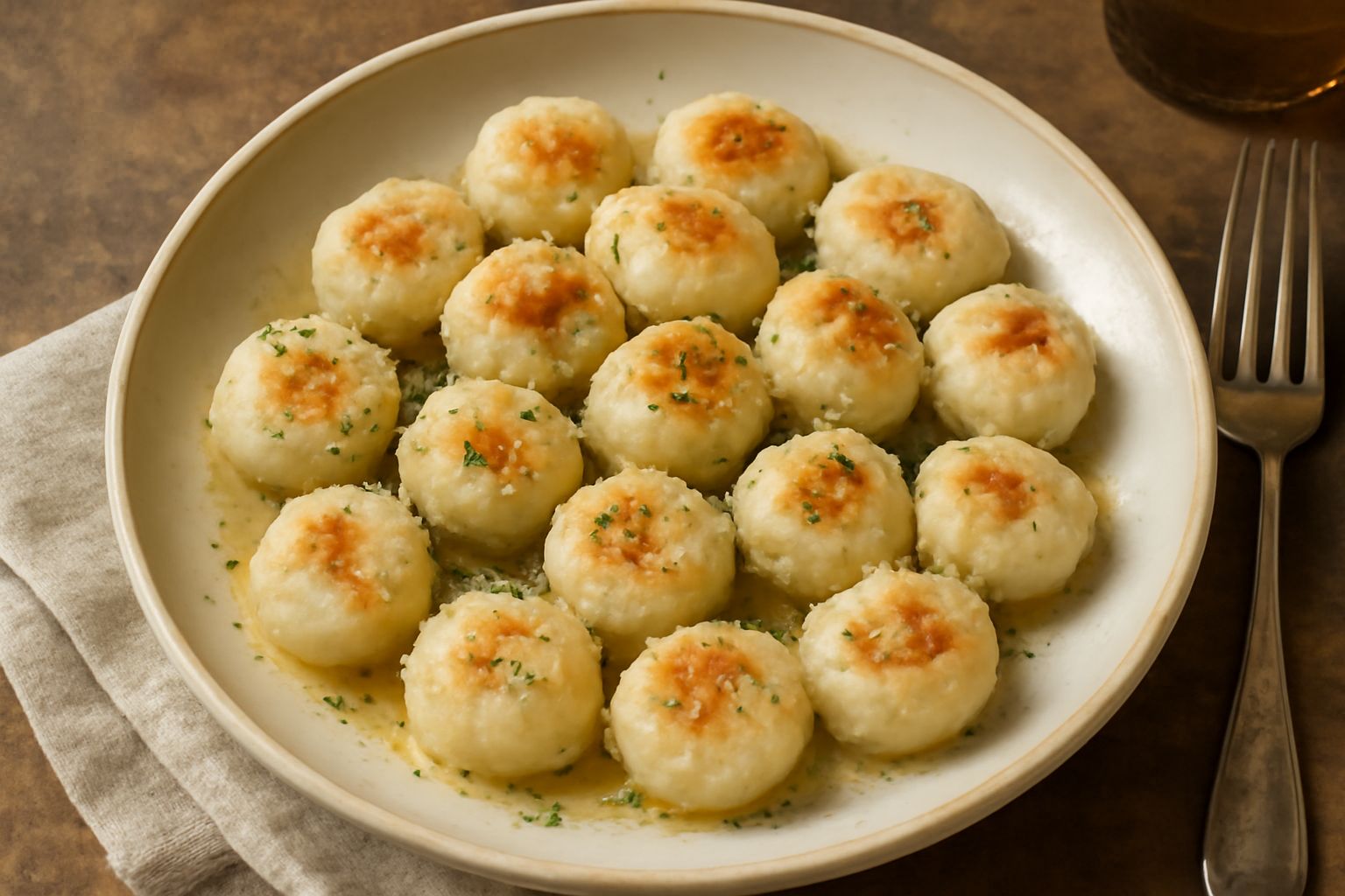 Gnocchi di forma rotonda e leggermente irregolare, di colore bianco avorio con sfumature gialle, disposti in un piatto bianco con salsa di pomodoro e basilico fresco sopra, accanto a un bicchiere di v