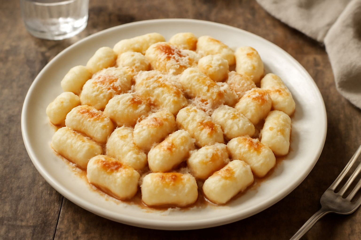 Piatto di gnocchi tondi e bianchi con leggera doratura, cosparsi di parmigiano grattugiato e salsa di pomodoro, guarniti con basilico fresco