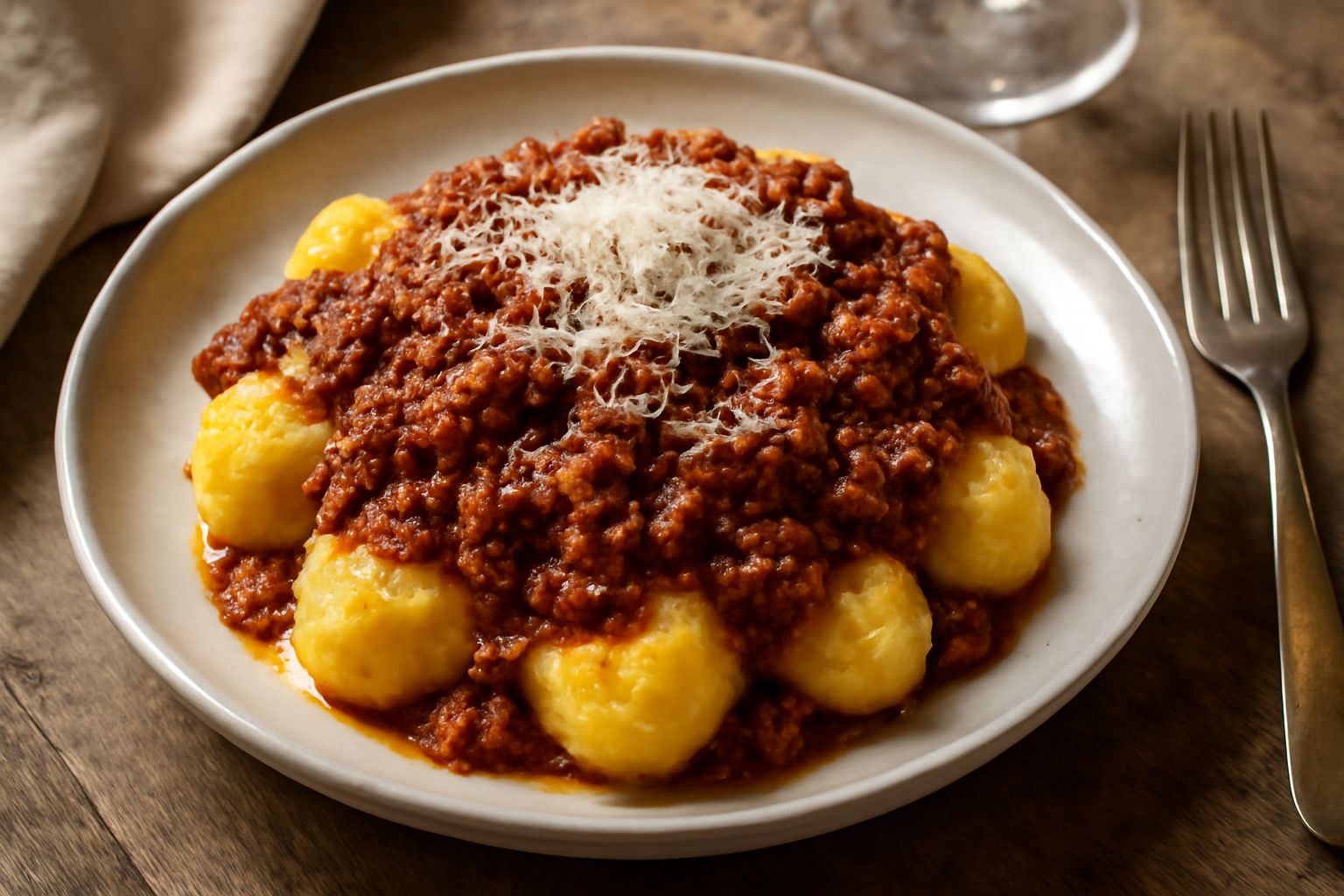 Gnocchi di polenta gialli, morbidi e rigonfi, disposti nel piatto bianco, ricoperti di ragù rosso-marrone denso e parmigiano grattugiato bianco, con contorno di insalata verde leggera