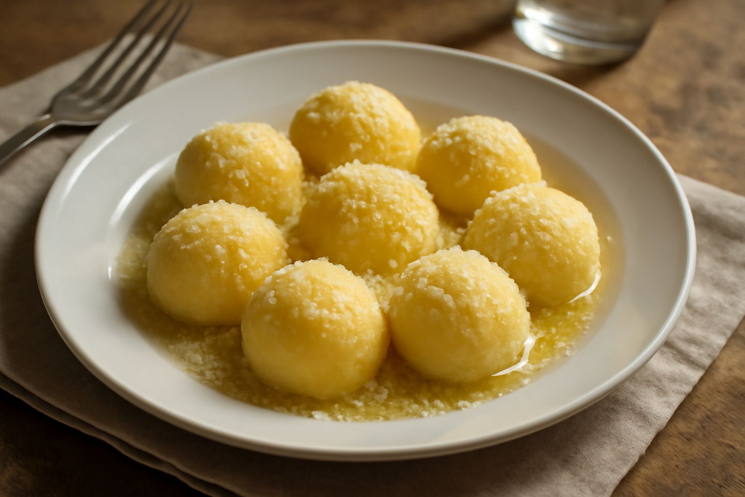 Gnocchi di polenta tondi e gialli disposti in una ciotola bianca, ricoperti di burro fuso e parmigiano grattugiato, con un cucchiaio di legno in primo piano