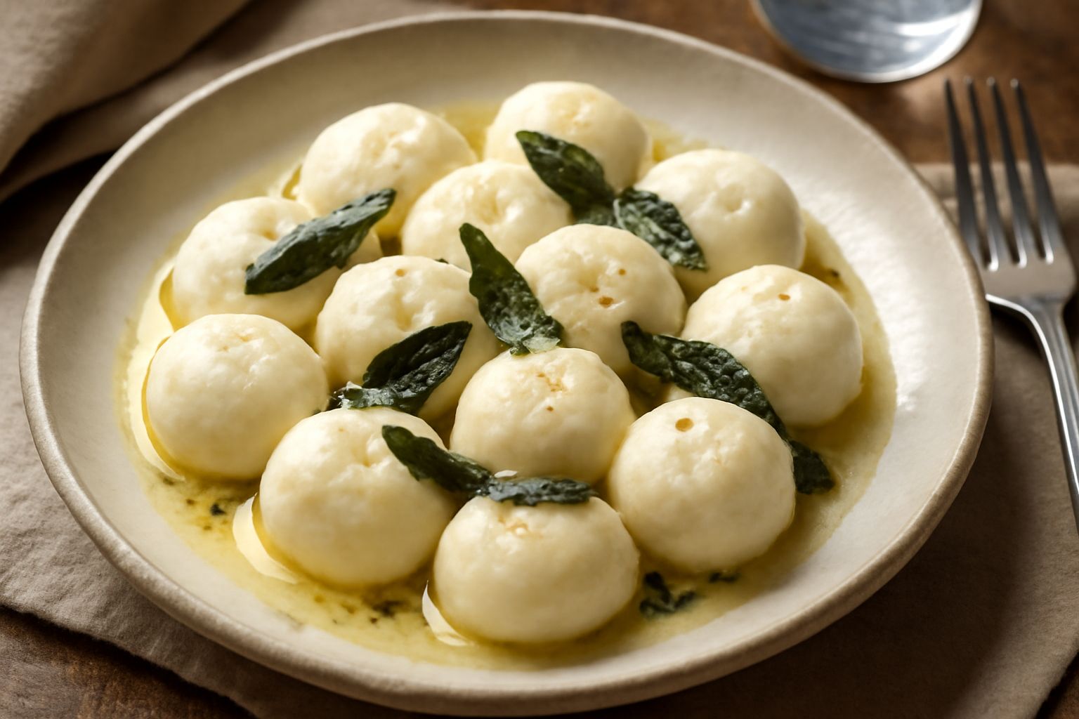 Piatto di gnocchi di ricotta color bianco avorio, leggermente gonfi, conditi con burro e salvia fresca, cosparsi di parmigiano grattugiato, su piatto in ceramica bianca