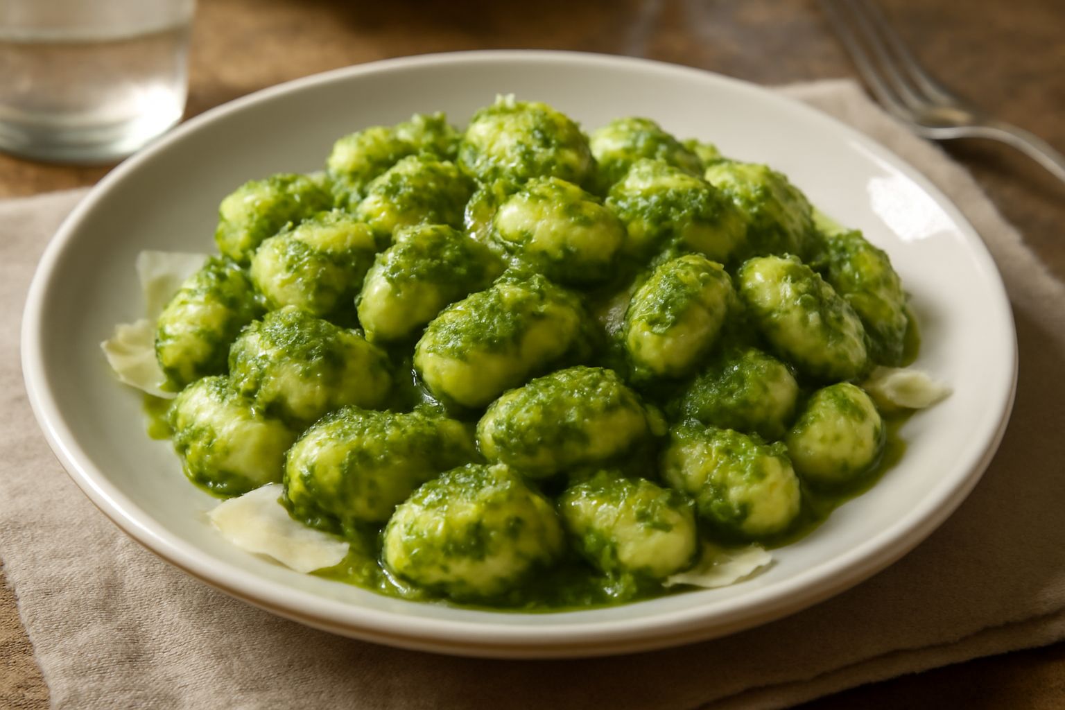 Piatto di gnocchi di ricotta color bianco-panna con pesto verde brillante, conditi in superficie con pinoli tostati e scaglie di parmigiano, su fondo di piatto bianco