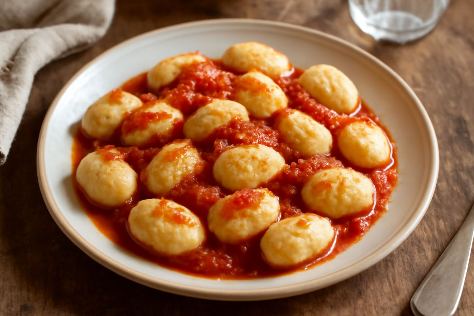 Gnocchi di ricotta bianca e cremosa, leggermente dorati, serviti in un piatto fondo con salsa di pomodoro fresco e una cosparsata di parmigiano grattugiato e prezzemolo verde