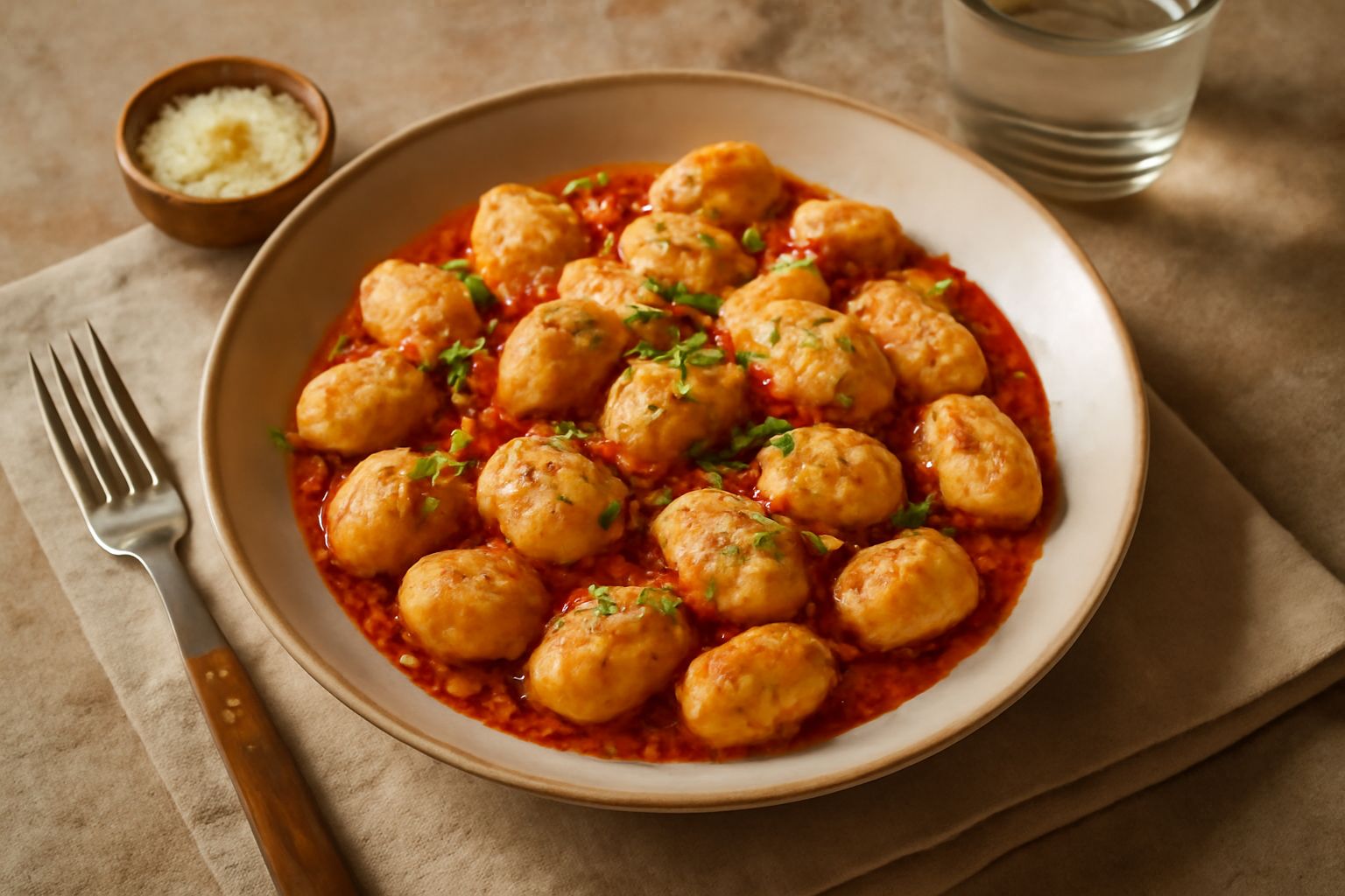 Gnocchi di ricotta e grano in un piatto bianco, conditi con burro fuso, parmigiano grattugiato e foglie di salvia fresca appena saltate