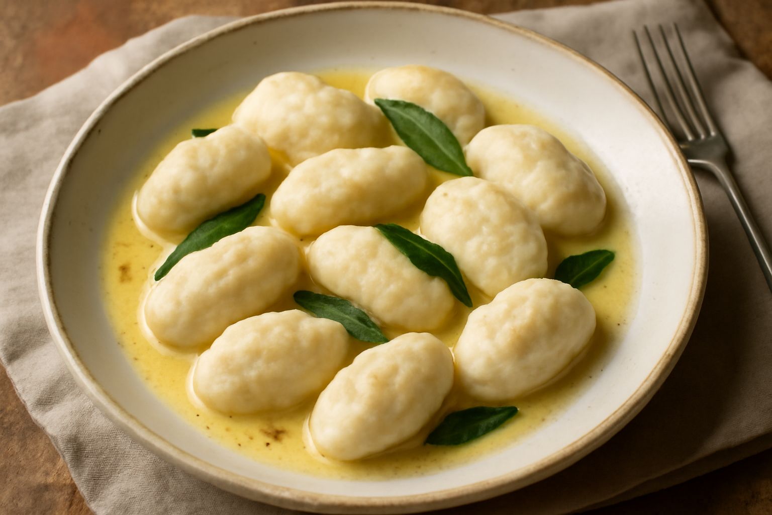 Gnocchi bianchi e soffici disposti in un piatto bianco con burro fuso e salvia fresca, coperti leggermente da parmigiano grattugiato, su sfondo di legno naturale