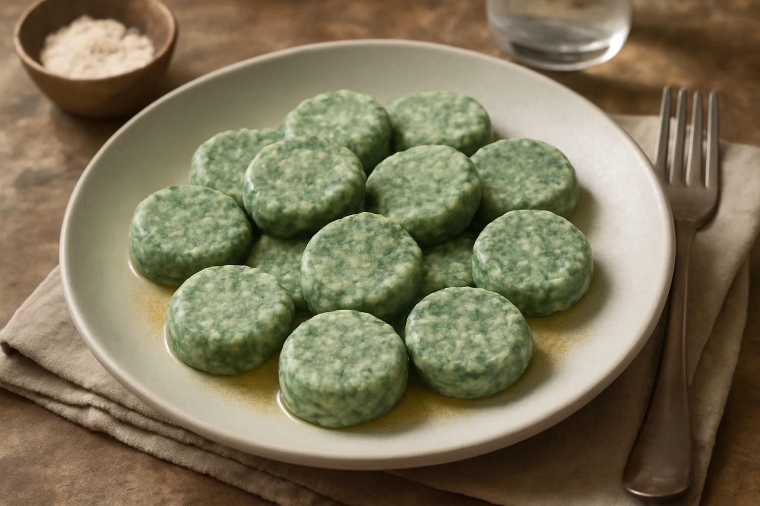 Gnocchi di ricotta e spinaci di colore verde pallido, tondi e appiattiti, conditi con burro fuso e salvia croccante, su un piatto bianco con cucchiaio di legno