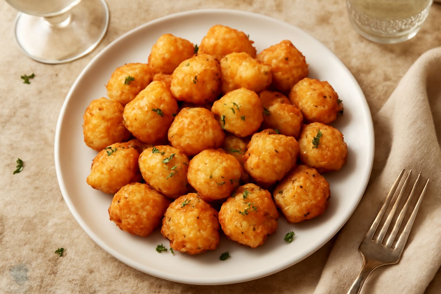 Gnocchi di ricotta fritti dorati e croccanti su un piatto bianco, ancora fumanti, serviti con un bicchiere di vino bianco
