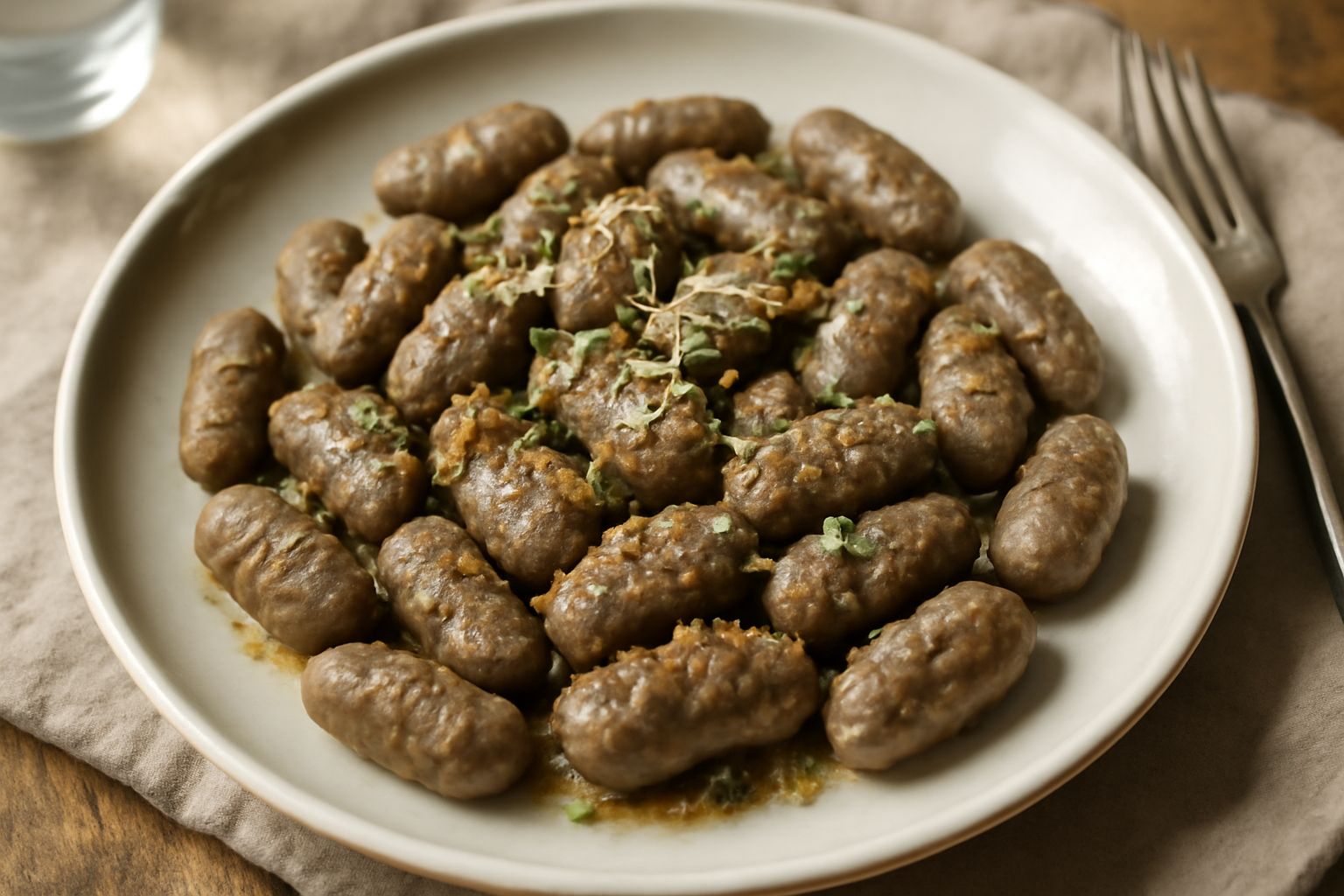 Gnocchi di segale di forma ovale, dal colore grigio-marrone, adagiati in un piatto bianco con burro fuso e salvia fresca, illuminati dalla luce naturale