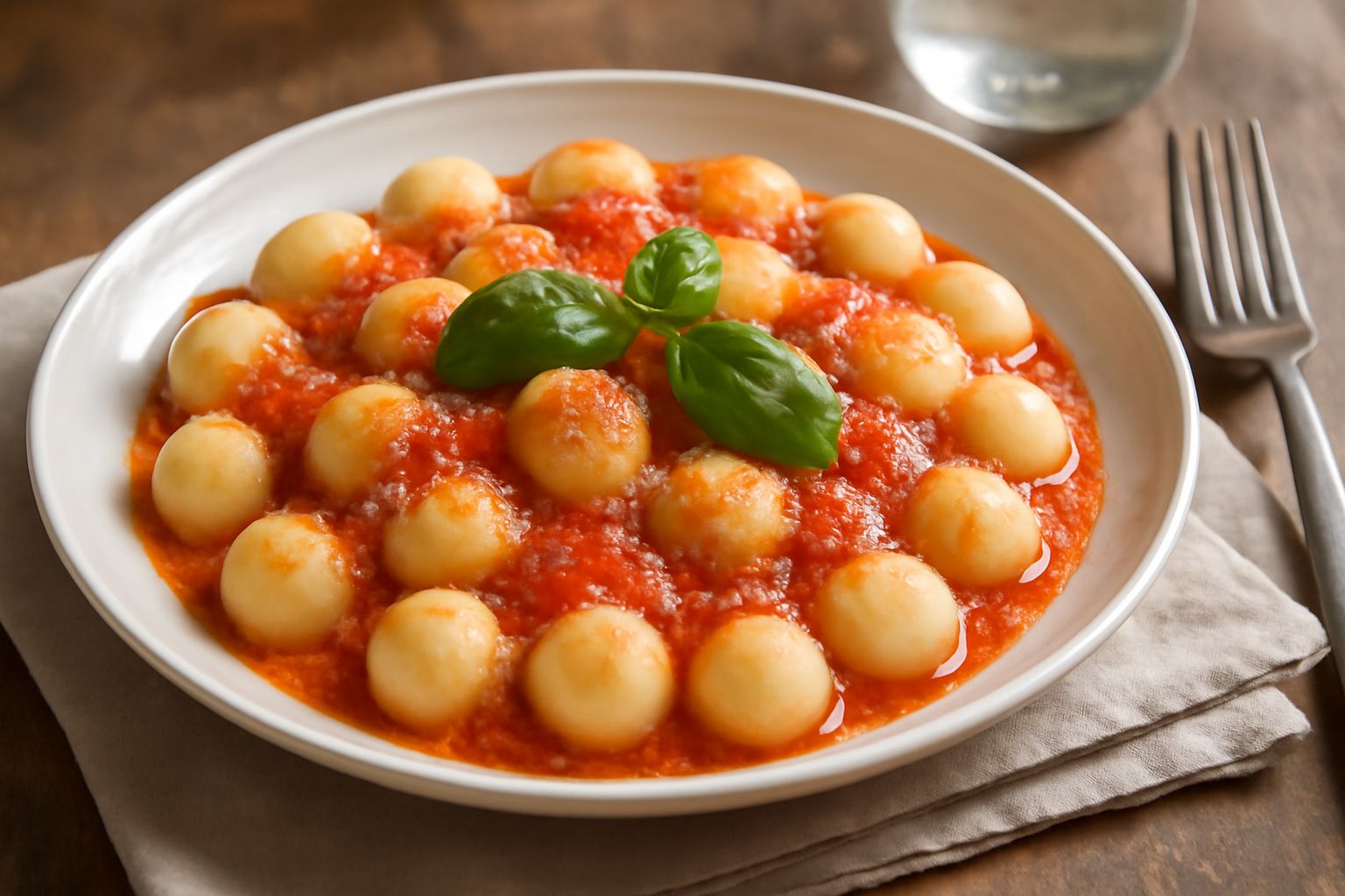 Gnocchi di semola rotondeggianti e biancastri disposti nel piatto, conditi con ragù scuro e formaggio grattugiato, guarniti con prezzemolo fresco
