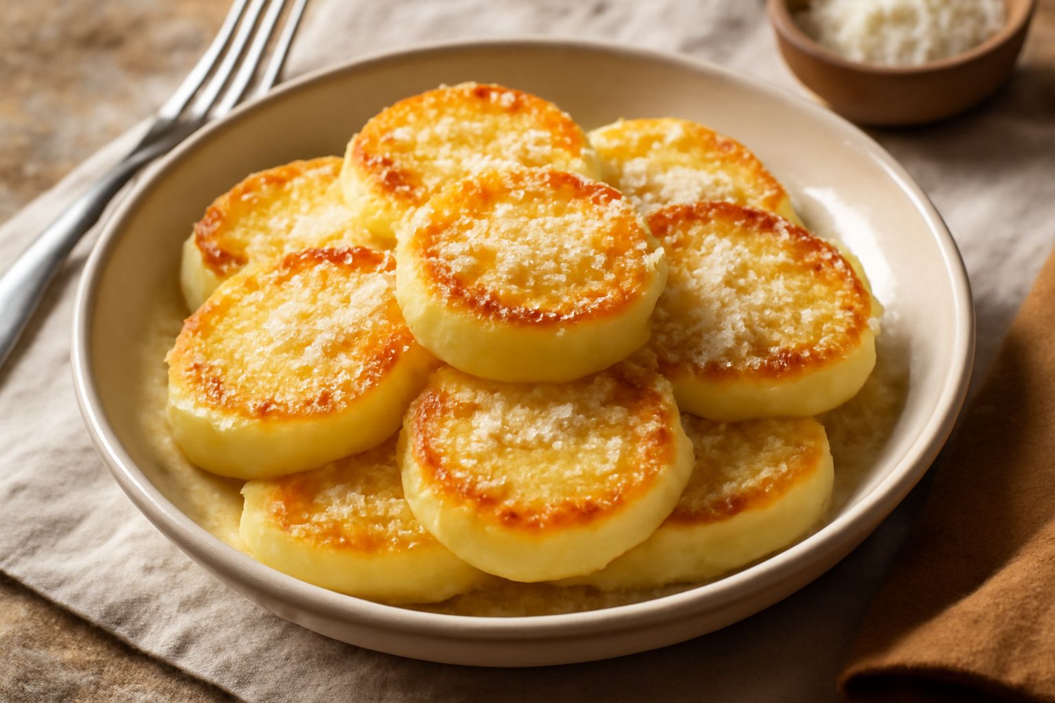 Gnocchi di semola alla romana rotondi, dorati e croccanti in superficie, disposti in un piatto bianco con burro fuso e parmigiano grattugiato, bordo scuro di gratinatura visibile
