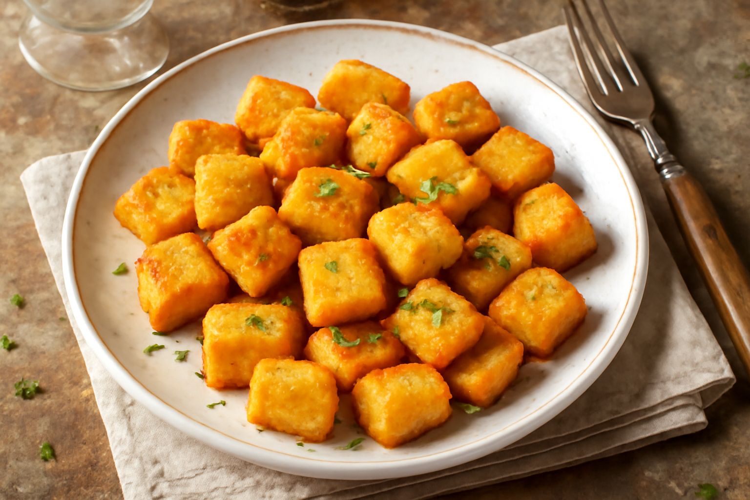Gnocchi di semola fritti dorati e croccanti impilati su un piatto bianco, con una ciotola di salsa di pomodoro accanto