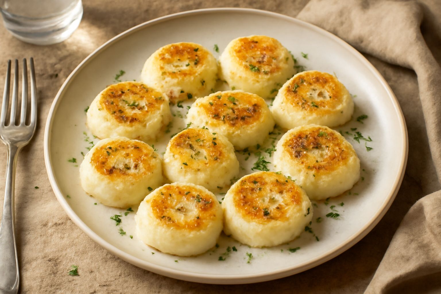 Gnocchi di semolina rotondi e dorati disposti nel piatto, con una leggera mantecatura al burro, cosparsi di parmigiano grattugiato e prezzemolo fresco.