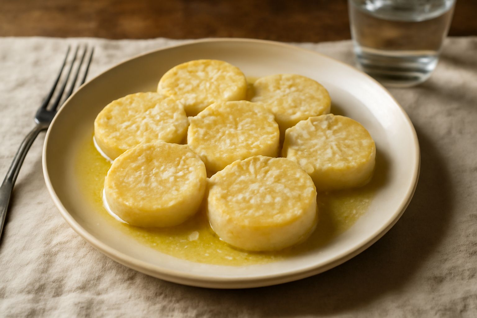 Gnocchi di semolino dorati in piatto bianco, dischi di pasta semola leggermente ondulati con formaggio fuso e burro sciolto, contorno di prezzemolo fresco verde, texture morbida e cremosa visibile