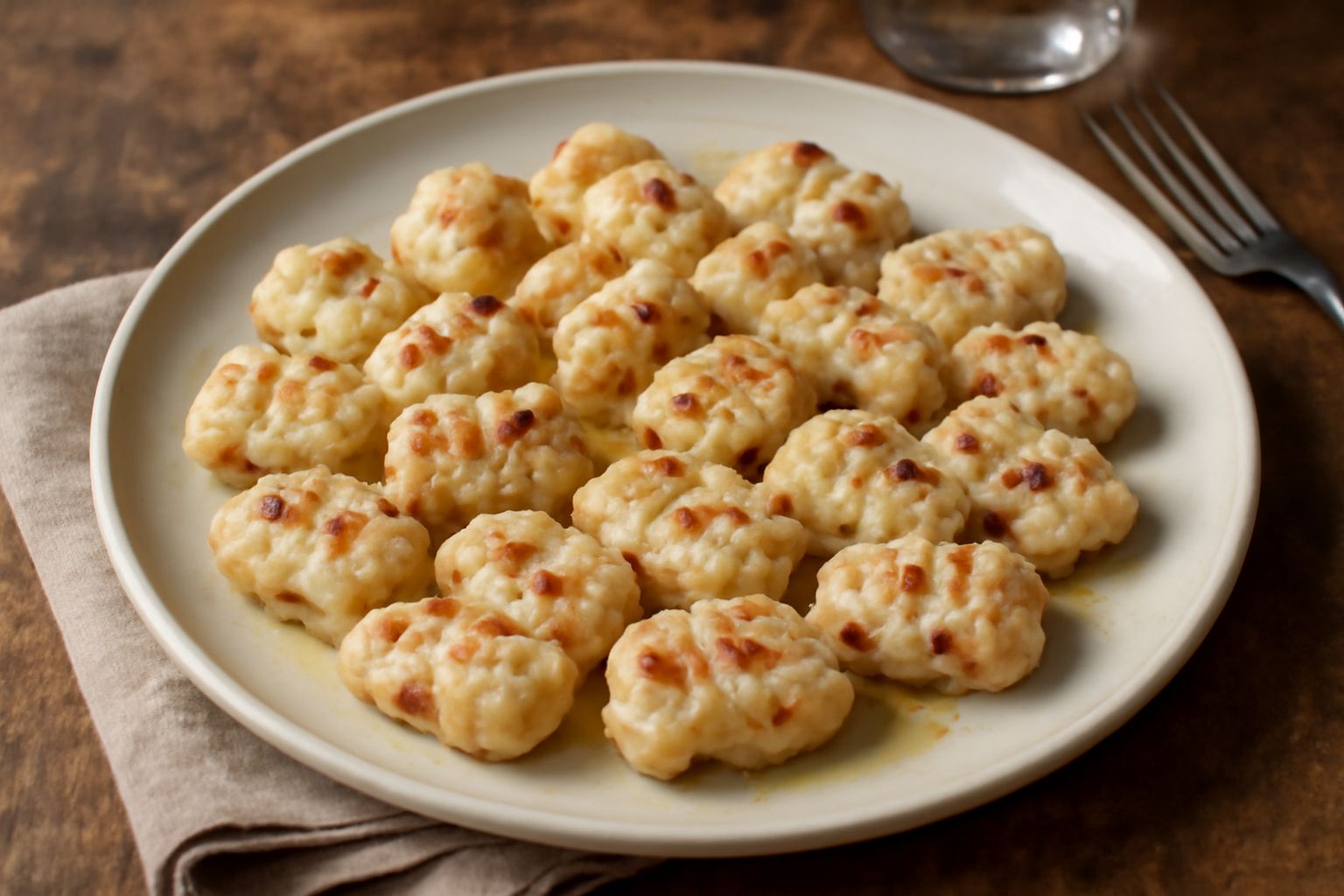 Gnocchi di forma tondeggiante e schiacciati con tracce di speck scuro marmorizzato, disposti in un piatto di porcellana bianca con una noce di burro fuso, prezzemolo fresco e una grattugia di formaggi
