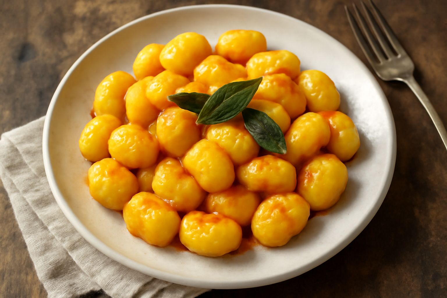 Piatto di gnocchi di zucca color giallo oro, rotondi e soffici, conditi con burro fuso e salvia, in un piatto bianco, con una forchetta di legno appoggiata accanto