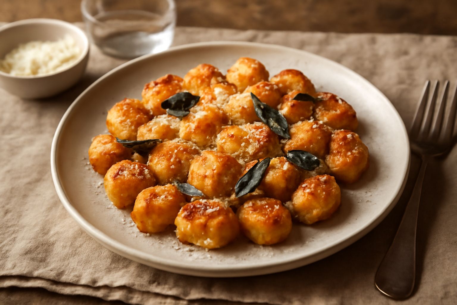 Gnocchi di zucca dorati infornati in una teglia, ricoperti di burro fuso e foglie di salvia croccante, con un colore arancione-nocciola brillante