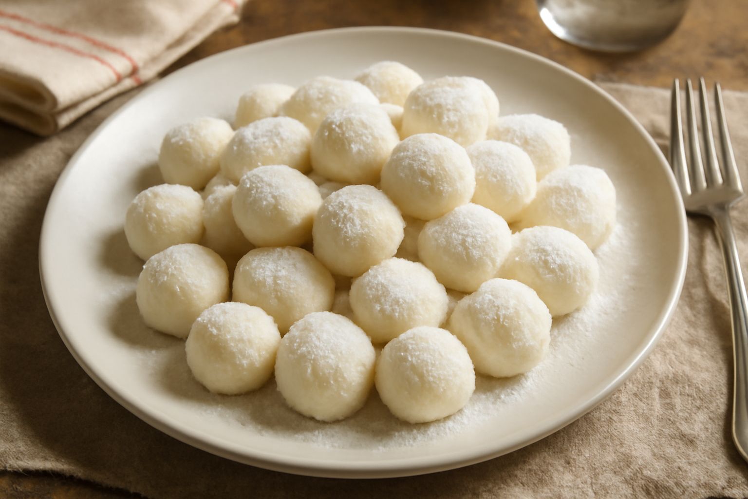 Gnocchi dolci tondi e bianchi con leggera spolverata di zucchero a velo, adagiati in un piatto di ceramica bianca con due mandorle tostate di lato e un filo di miele