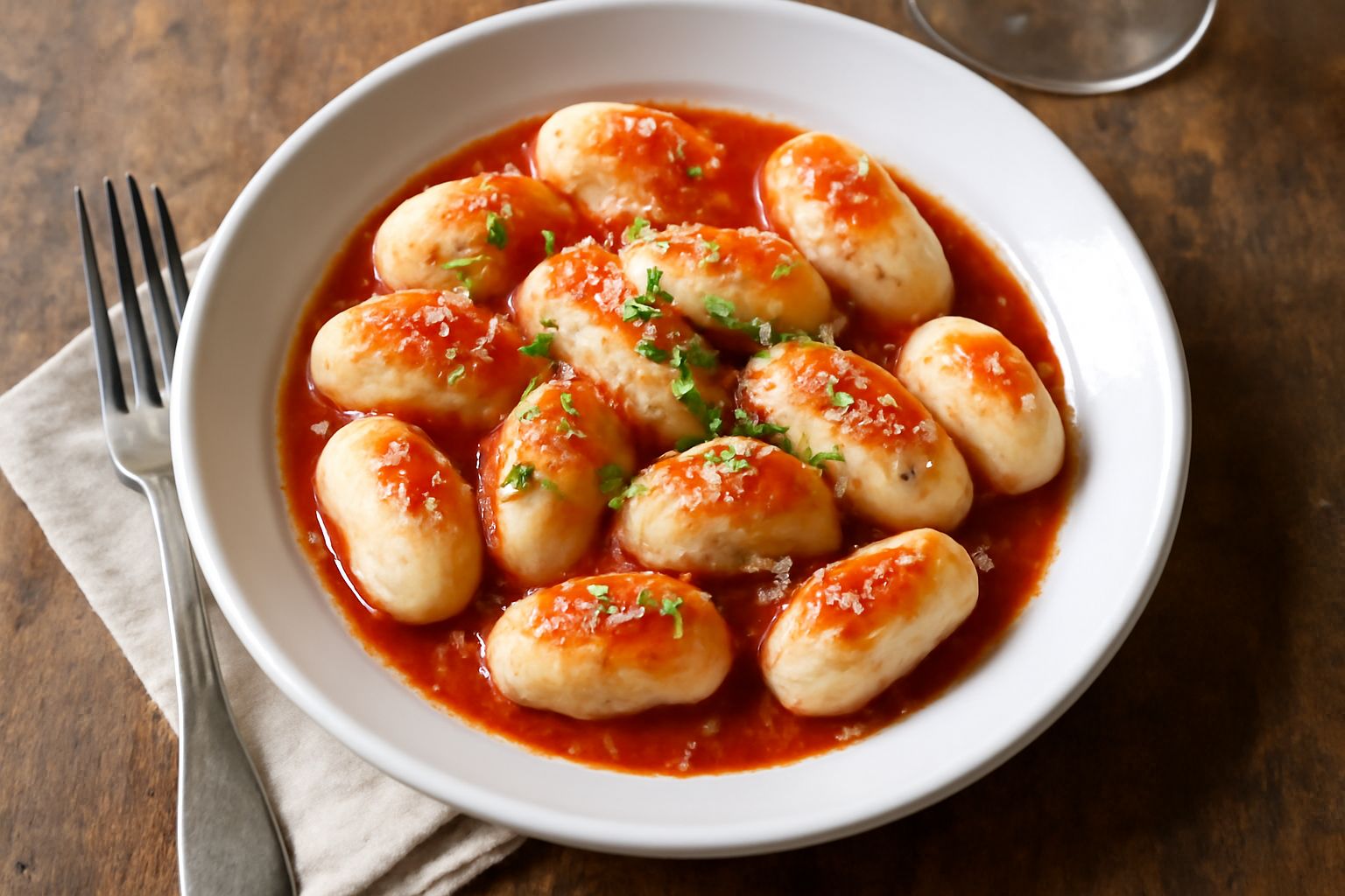 Gnocchi di pan raffermo dorati serviti in un piatto bianco, conditi con salsa di pomodoro e una foglia di basilico fresco, accanto a una ciotola con burro sciolto