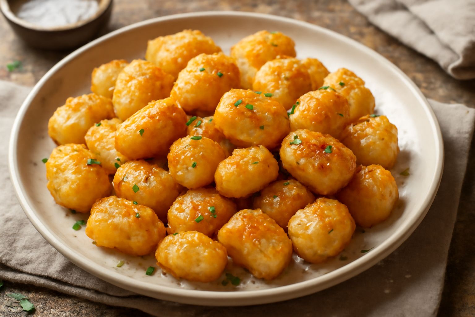 Gnocchi fritti dorati e croccanti in un piatto bianco, spolverati di sale grosso e prezzemolo fresco, con una ciotola di salsa di pomodoro accanto