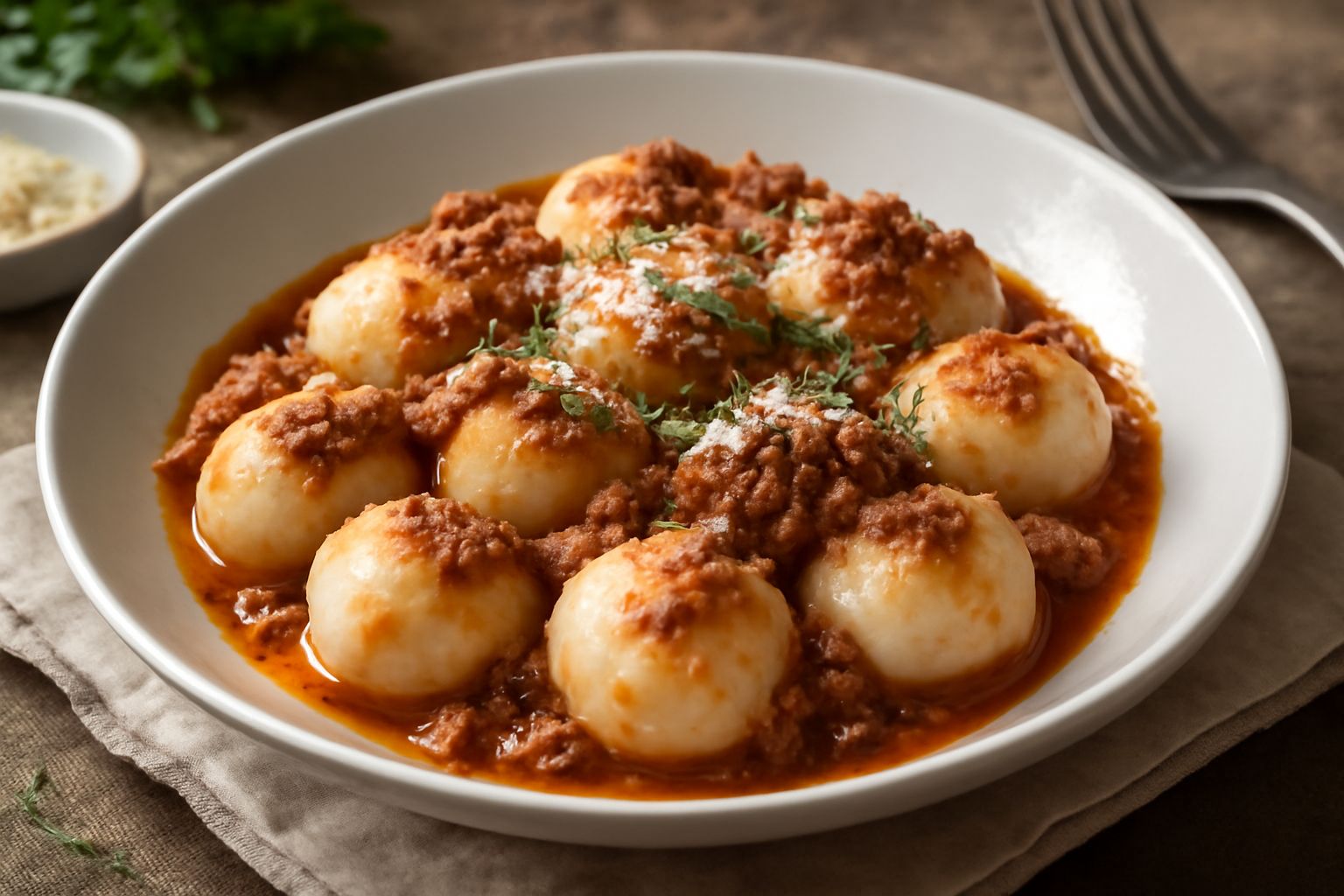 Piatto di gnocchi ripieni di ragù con ragù di carne visibile nel taglio, conditi con parmigiano grattugiato e prezzemolo fresco, serviti in piatto bianco fondo