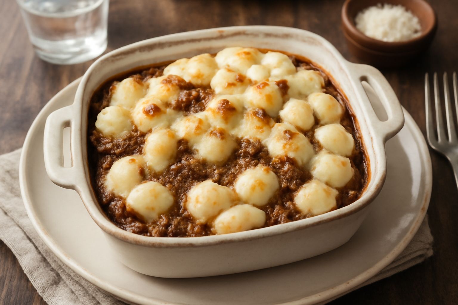 Gnocchi siciliani dorati in una pirofila di ceramica, coperti di formaggio grattugiato fuso, ragù di carne scuro visibile tra gli gnocchi, contorno sfumato di primo piano