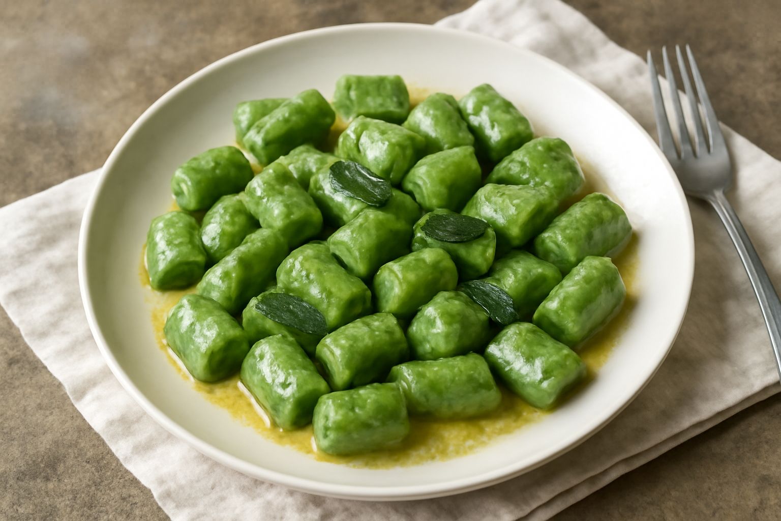 Gnocchi verdi appena cotti in un piatto bianco, ricoperti di burro fuso e salvia, con striature di parmigiano grattugiato e tracce di farina sulla superficie