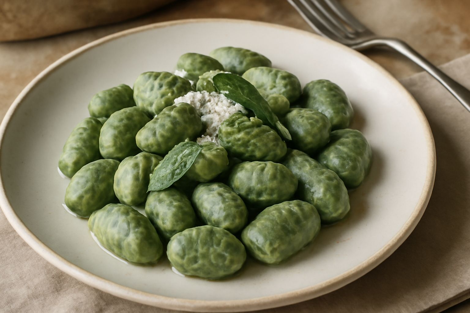 Gnocchi verdi agli spinaci serviti in piatto bianco con salsa di burro e salvia, cosparsi di parmigiano grattugiato, con foglia di spinaco verde intenso sulla spalla