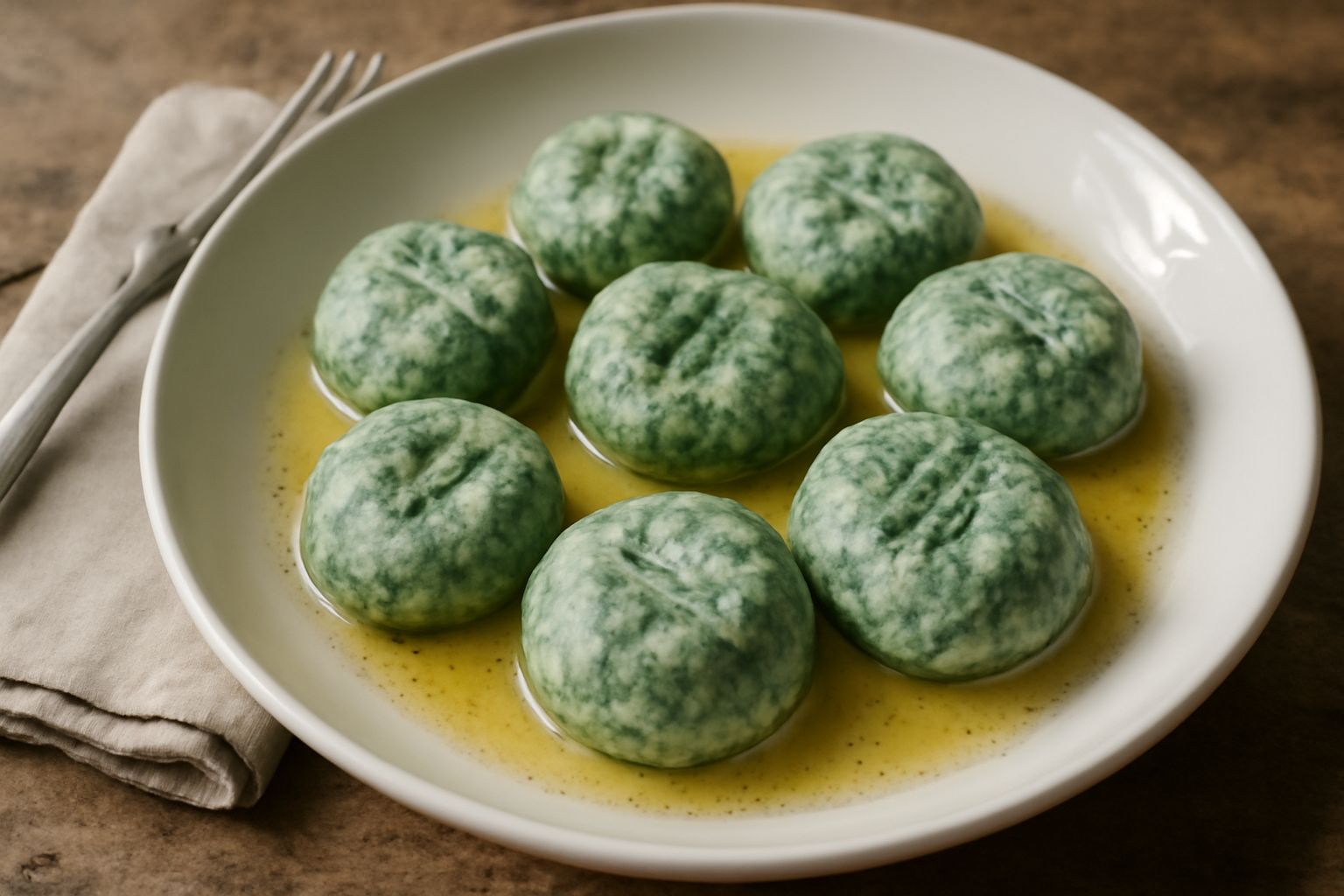Gnocchi di ricotta e spinaci di colore verde pallido serviti in un piatto bianco con burro fuso e parmigiano grattugiato, guarniti con un rametto di prezzemolo fresco