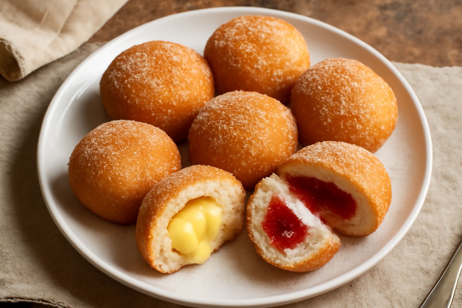 Gnocchi dolci fritti di colore dorato su un piatto bianco, spolverati di zucchero semolato, alcuni ancora caldi con vapore leggero, accompagnati da una ciotola di crema pasticcera