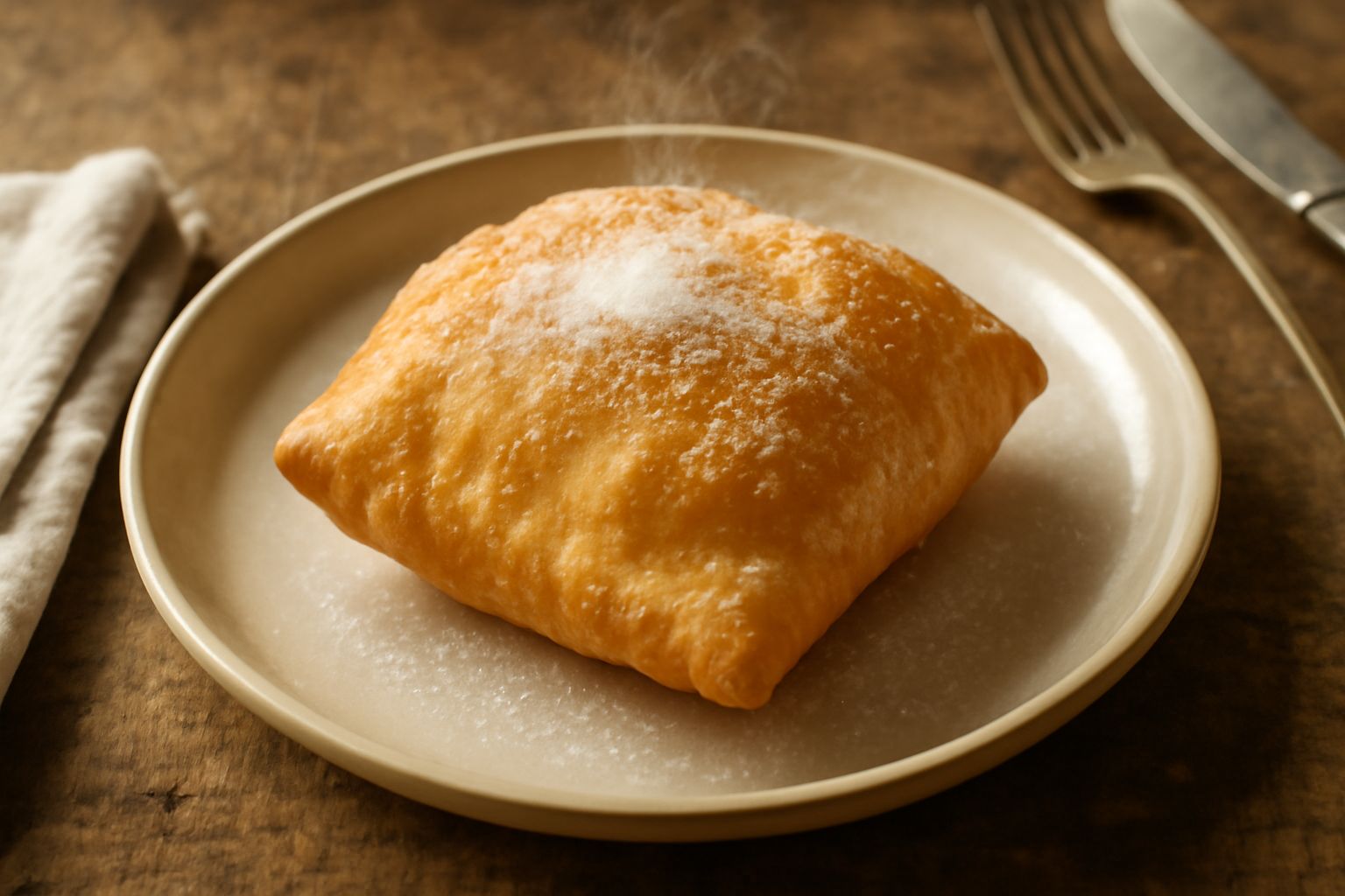 Gnocchi fritti dolci dorati disposti su un piatto bianco, ricoperti di zucchero bianco granulato, accanto a una tazza di caffè