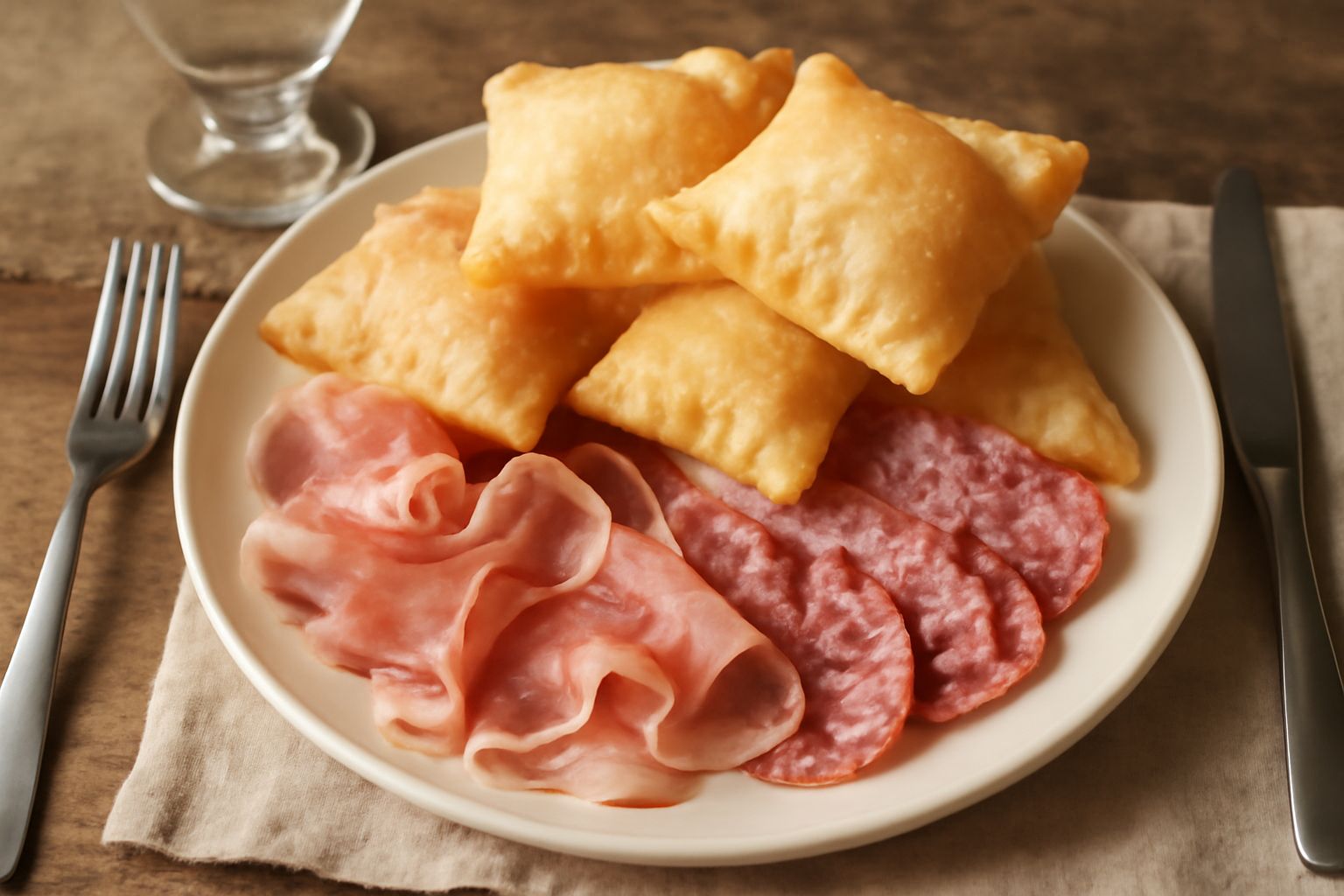 Gnocchi fritti caldi appena tolti dall'olio, dorati e gonfi, poggiati su carta assorbente con uno spicchio di mortadella e salumi nei bordi del piatto
