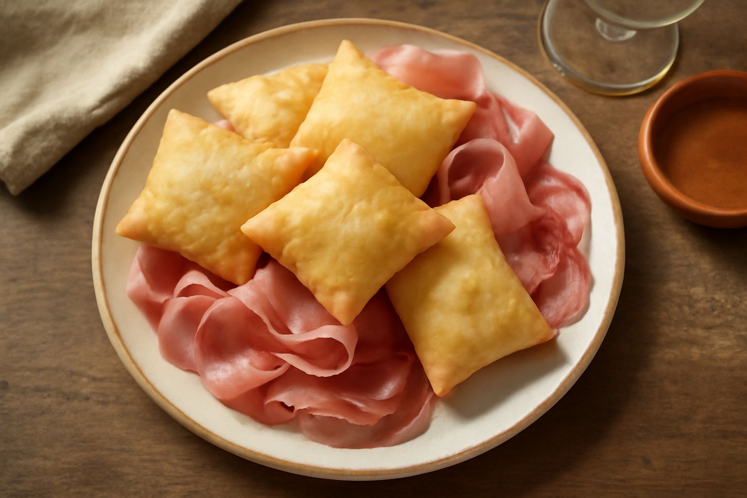 Gnocchi fritti dorati e gonfii disposti su carta, farciti con affettati e formaggio fuso, vapore caldo ancora visibile