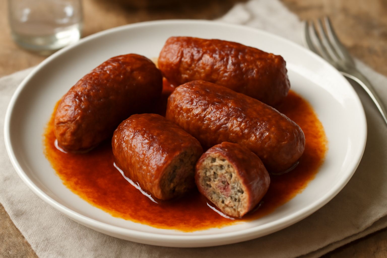 Gnummereddi dorati e cotti disposti su un piatto bianco con sugo rosso, circondati da prezzemolo fresco e accompagnati da pane tostato