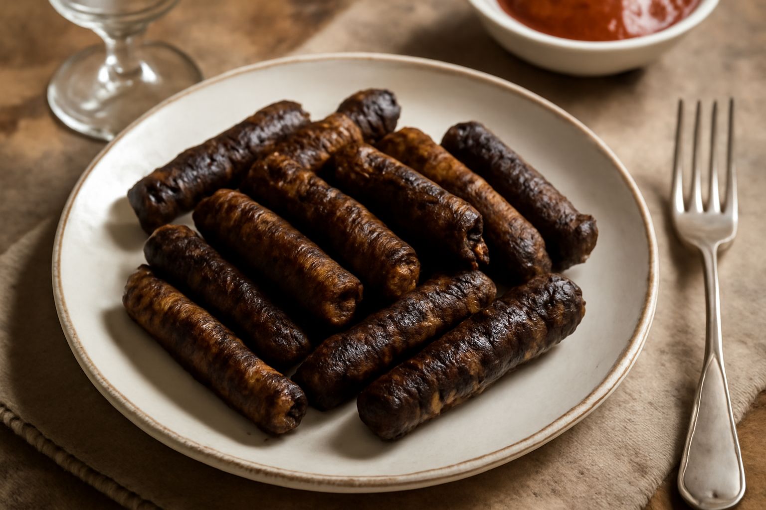 Gnummeridd fritti dorati su piatto bianco, involtini carnei croccanti e bruni, conditi di limone, con sfondo di carciofi e cipolla rossa siciliana