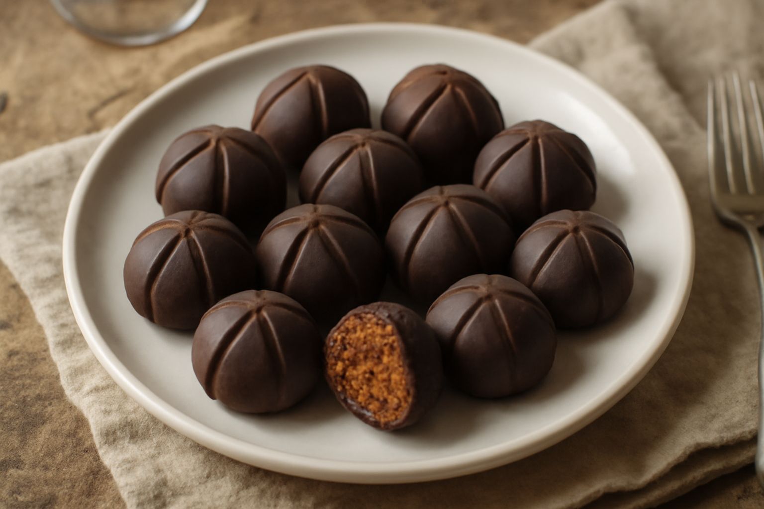 Gocce di cioccolato scuro lucide disposte su un piatto bianco, piccole sfere frastagliate visibili dal profilo, alcuni pezzi spezzati lato per mostrare la texture croccante interna