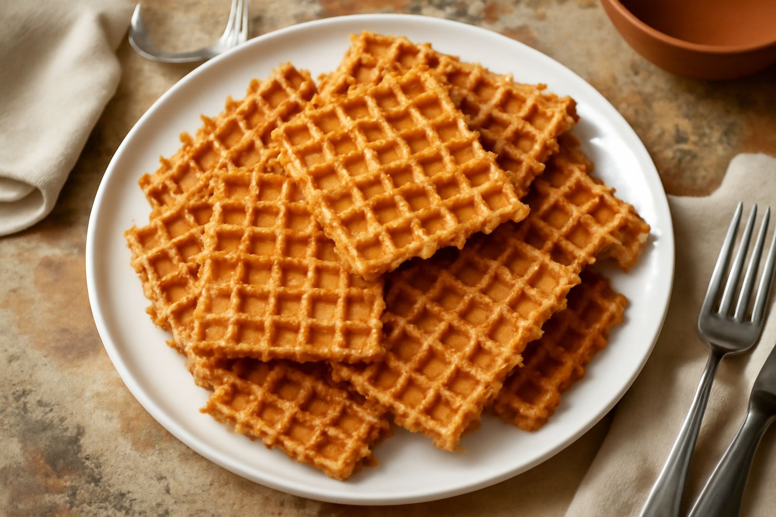 Goffrette dorate e croccanti impilate su un piatto bianco, caramellate sui bordi, con vapore che sale dal loro interno ancora tiepido